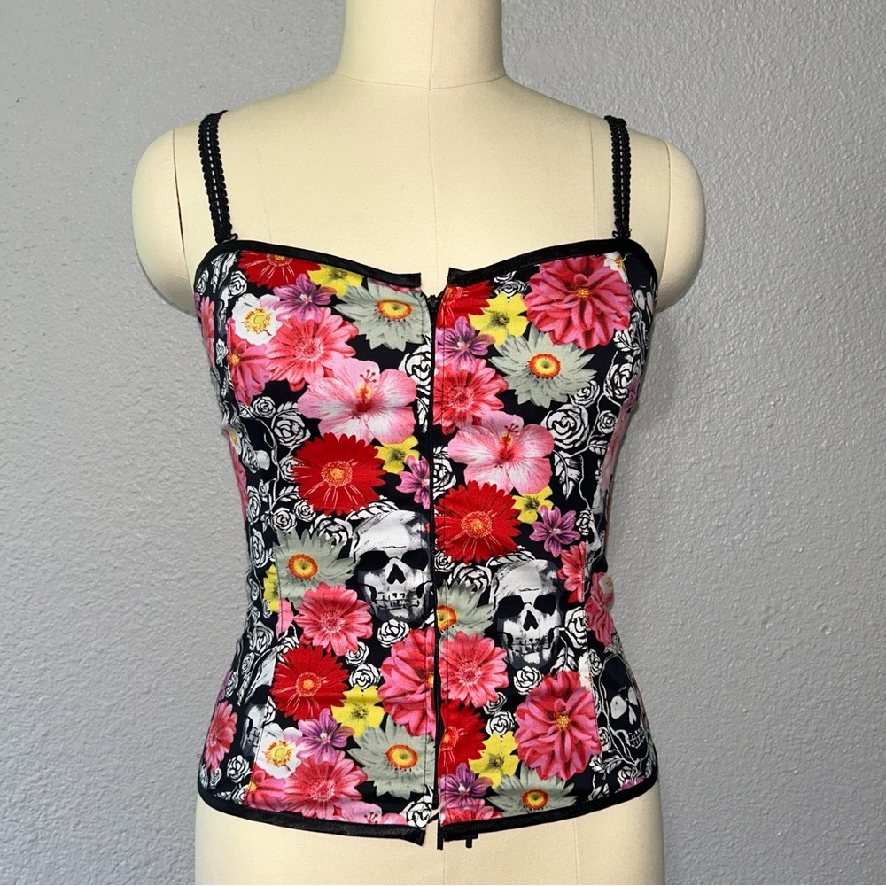 Hell Bunny Skeleton Pink and Red Floral Corset Bustier Tank Top